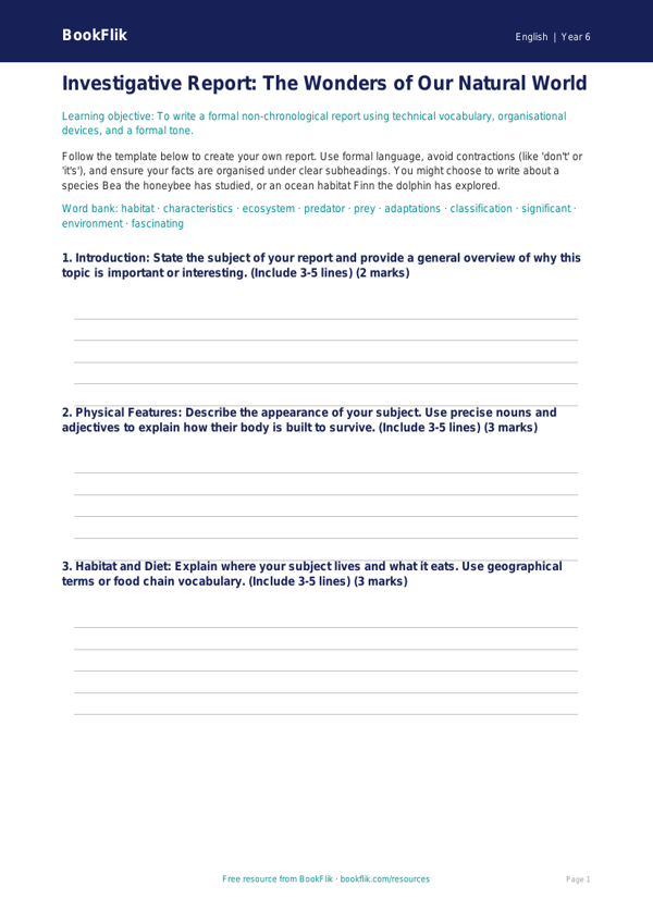 Free Report Writing Template | Year 6 Core | BookFlik worksheet preview — English Report Writing