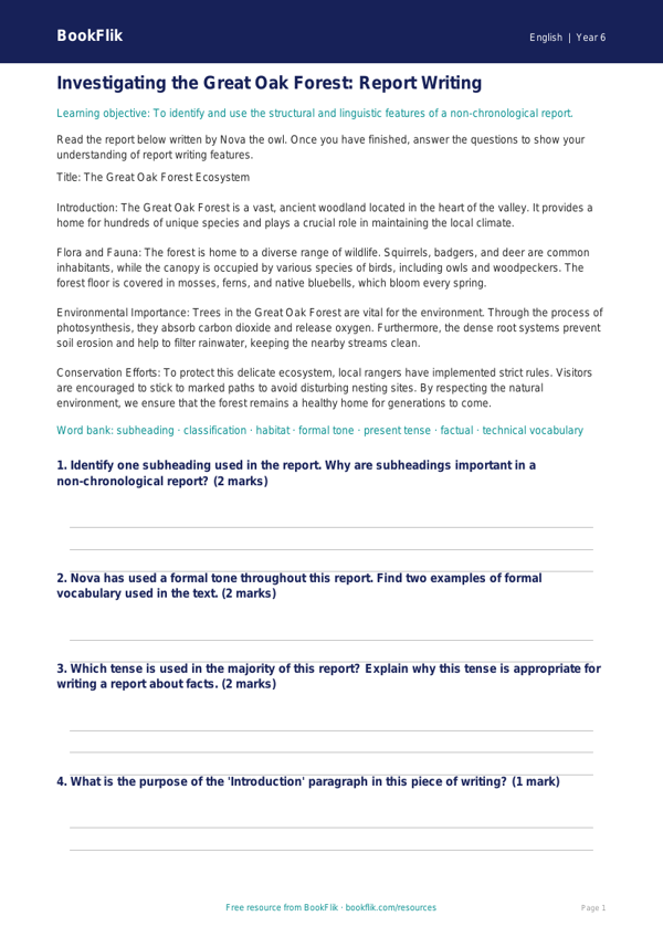 Free Report Writing Track Sheet | Year 6 Core | BookFlik worksheet preview — English Report Writing