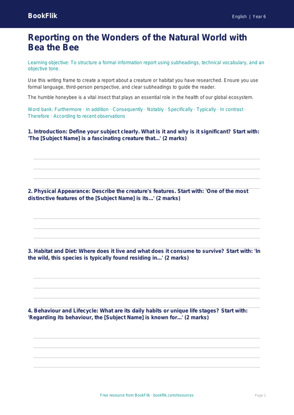 Free Report Writing Frame | Year 6 Literacy Worksheet | BookFlik worksheet preview — English Report Writing