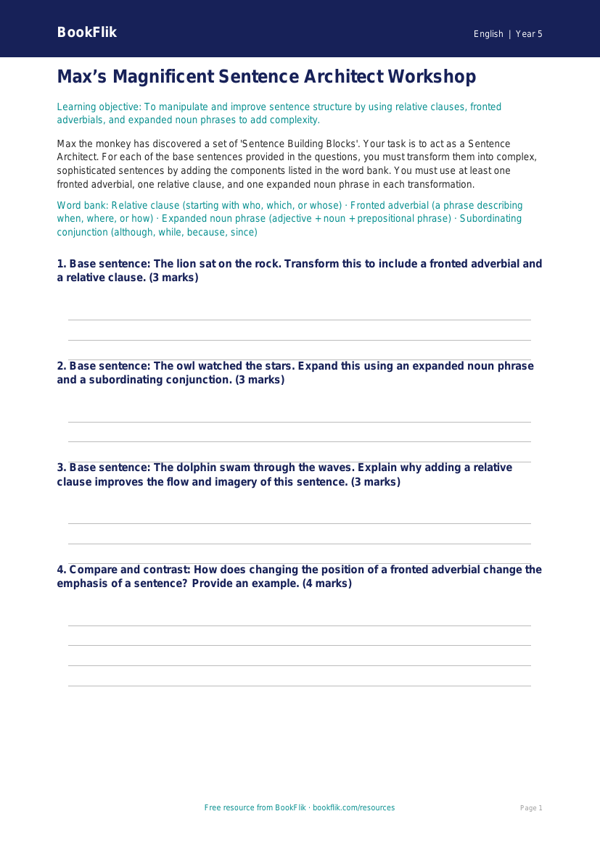Free Sentence Structure Activity Sheet | Year 5 Greater Depth | BookFlik worksheet preview — English Sentence Structure