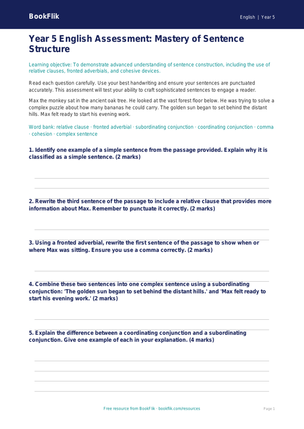 Free Sentence Structure Assessment | Year 5 Greater Depth | BookFlik worksheet preview — English Sentence Structure