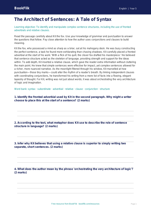 Free Sentence Structure Comprehension | Year 5 Greater Depth | BookFlik worksheet preview — English Sentence Structure
