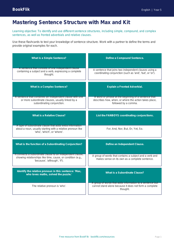 Free Sentence Structure Flashcards | Year 5 Greater Depth | BookFlik worksheet preview — English Sentence Structure