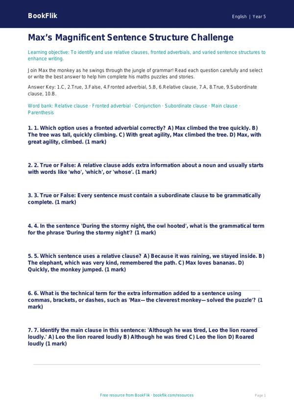 Free Sentence Structure Quiz | Year 5 Greater Depth | BookFlik worksheet preview — English Sentence Structure