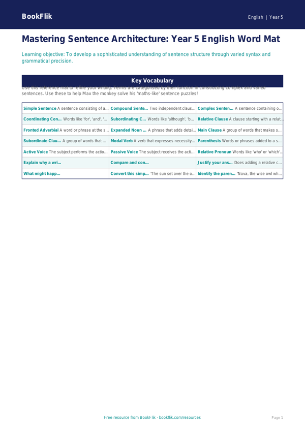 Free Sentence Structure Word Mat | Year 5 Greater Depth | BookFlik worksheet preview — English Sentence Structure