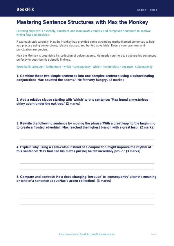 Free Sentence Structure Worksheet | Year 5 Greater Depth | BookFlik worksheet preview — English Sentence Structure