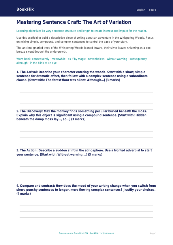 Free Sentence Structure Writing Frame | Year 5 Greater Depth | BookFlik worksheet preview — English Sentence Structure