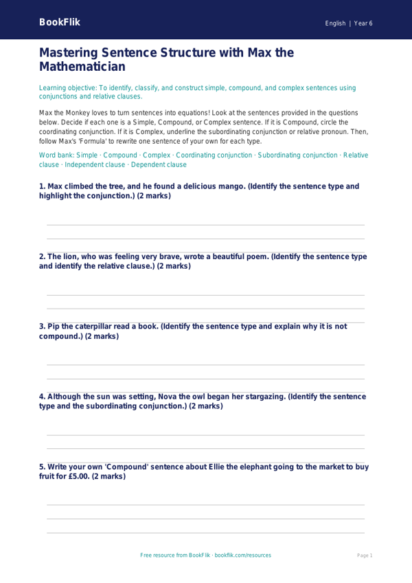 Free Sentence Structure Activity Sheet | Year 6 Core | BookFlik worksheet preview — English Sentence Structure