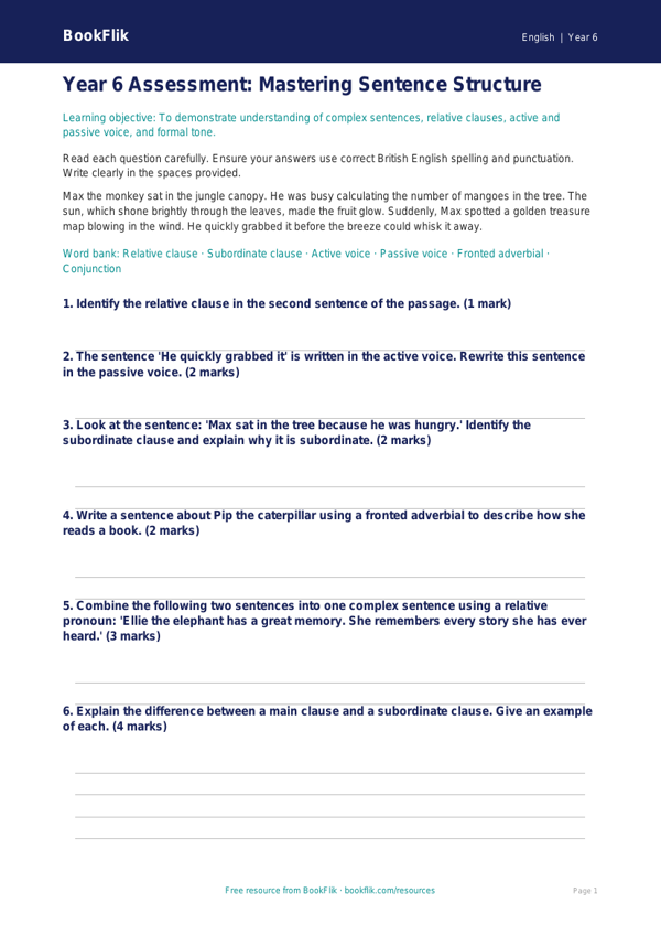 Free Sentence Structure Assessment | Year 6 Core | BookFlik worksheet preview — English Sentence Structure