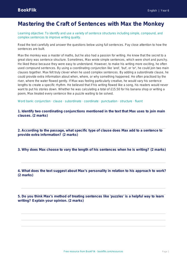Free Sentence Structure Comprehension | Year 6 Core | BookFlik worksheet preview — English Sentence Structure