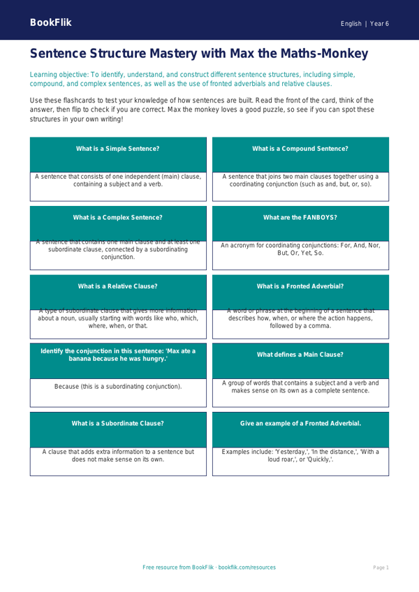 Free Sentence Structure Flashcards | Year 6 Core | BookFlik worksheet preview — English Sentence Structure