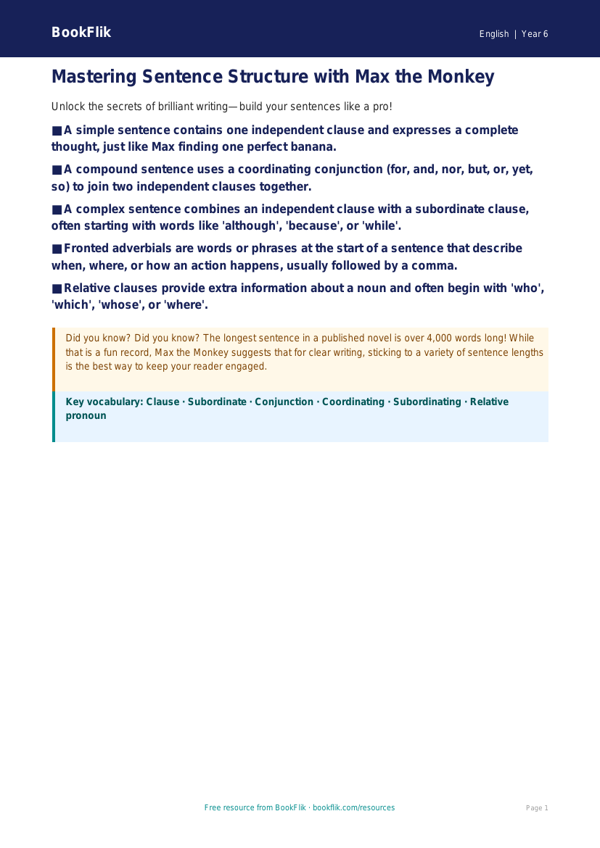 Free Sentence Structure Poster | Year 6 Core | BookFlik worksheet preview — English Sentence Structure