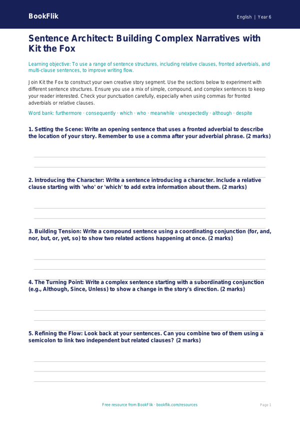 Free Sentence Structure Template | Year 6 Core | BookFlik worksheet preview — English Sentence Structure