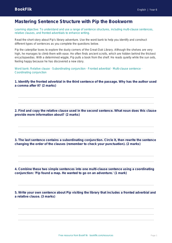 Free Sentence Structure Track Sheet | Year 6 Core | BookFlik worksheet preview — English Sentence Structure