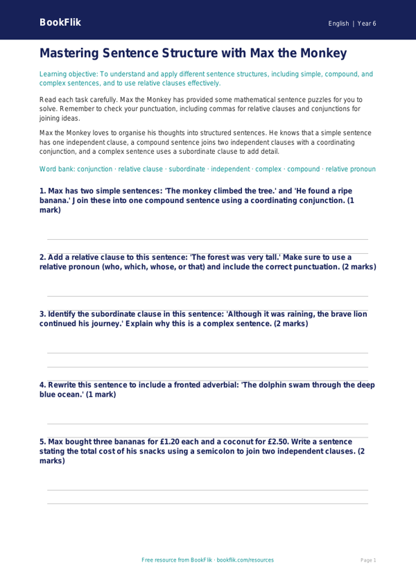 Free Sentence Structure Worksheet | Year 6 Core | BookFlik worksheet preview — English Sentence Structure