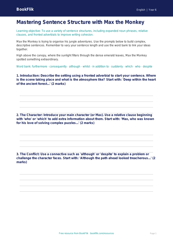 Free Sentence Structure Writing Frame | Year 6 Core | BookFlik worksheet preview — English Sentence Structure
