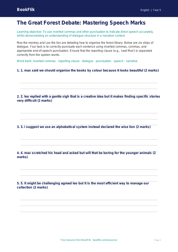 Free Speech Marks Activity Sheet | Year 5 Greater Depth | BookFlik worksheet preview — English Speech Marks