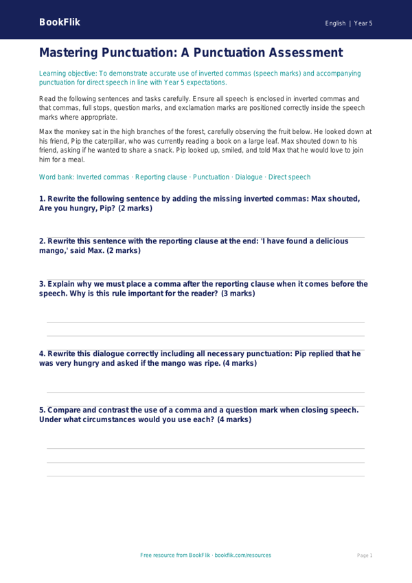 Free Speech Marks Assessment | Year 5 Greater Depth | BookFlik worksheet preview — English Speech Marks