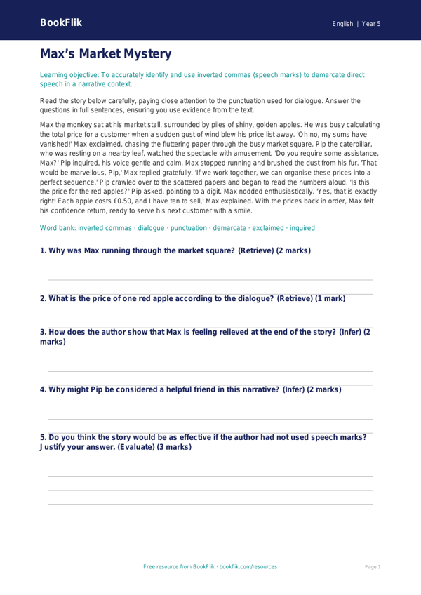 Free Speech Marks Comprehension | Year 5 Greater Depth | BookFlik worksheet preview — English Speech Marks