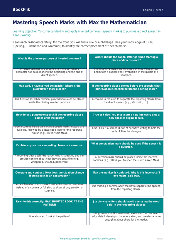 Free Speech Marks Flashcards | Year 5 Greater Depth | BookFlik worksheet preview — English Speech Marks