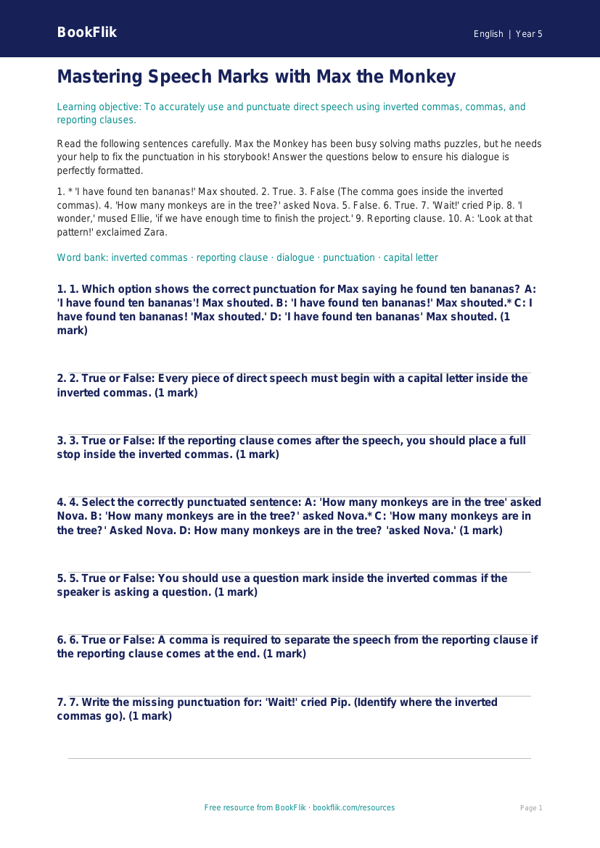 Free Speech Marks Quiz | Year 5 Greater Depth | BookFlik worksheet preview — English Speech Marks
