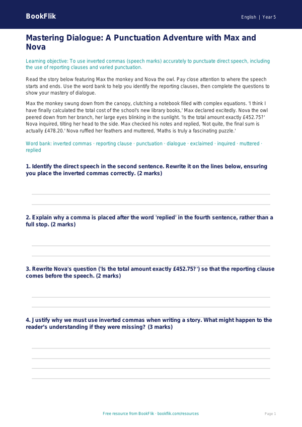 Free Speech Marks Track Sheet | Year 5 Greater Depth | BookFlik worksheet preview — English Speech Marks