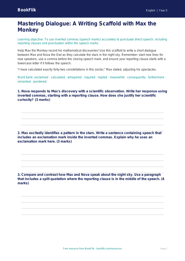 Free Speech Marks Writing Frame | Year 5 Greater Depth | BookFlik worksheet preview — English Speech Marks
