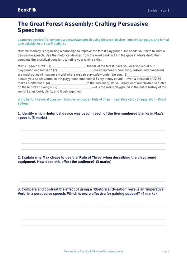 Free Speech Writing Activity Sheet | Year 5 Greater Depth | BookFlik worksheet preview — English Speech Writing