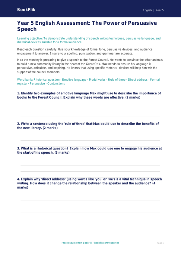 Free Speech Writing Assessment | Year 5 Greater Depth | BookFlik worksheet preview — English Speech Writing