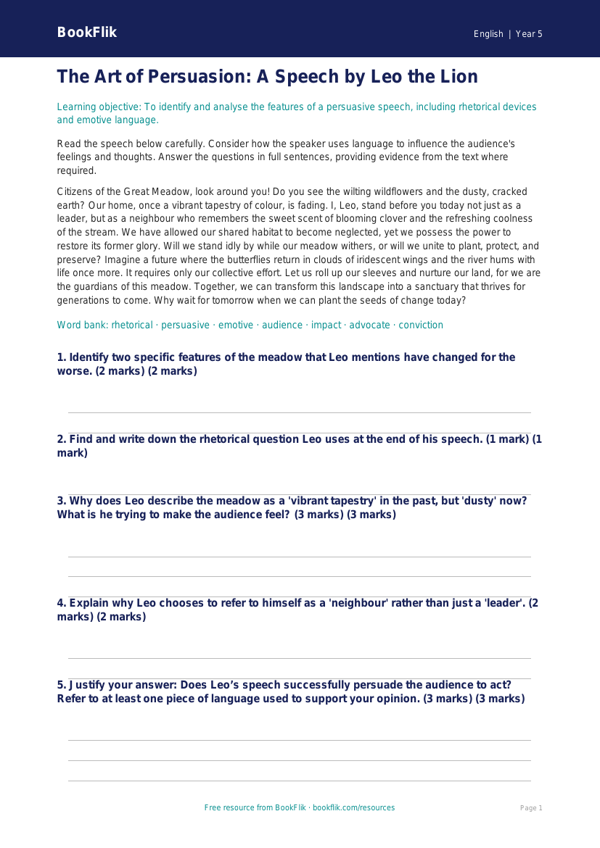 Free Speech Writing Comprehension | Year 5 Greater Depth | BookFlik worksheet preview — English Speech Writing