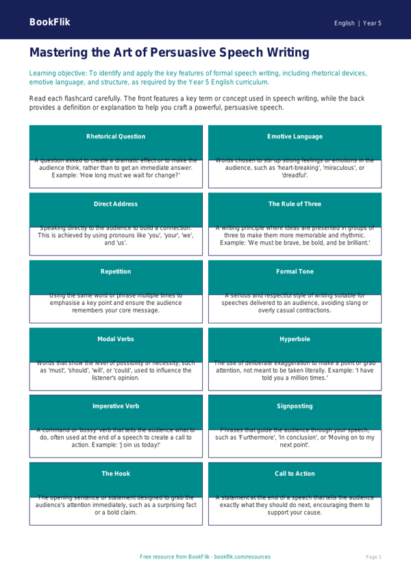 Free Speech Writing Flashcards | Year 5 Greater Depth | BookFlik worksheet preview — English Speech Writing
