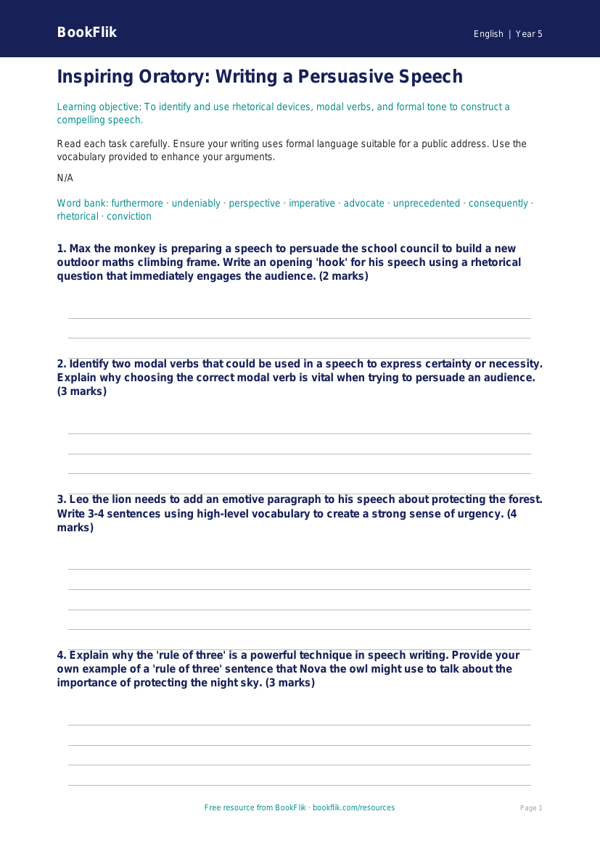 Free Speech Writing Worksheet | Year 5 Greater Depth | BookFlik worksheet preview — English Speech Writing