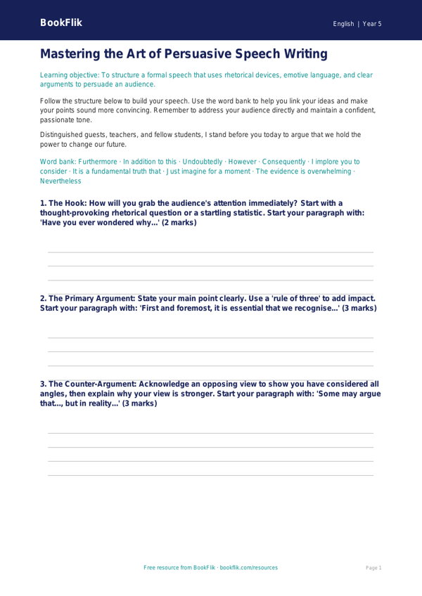 Free Speech Writing Writing Frame | Year 5 Greater Depth | BookFlik worksheet preview — English Speech Writing