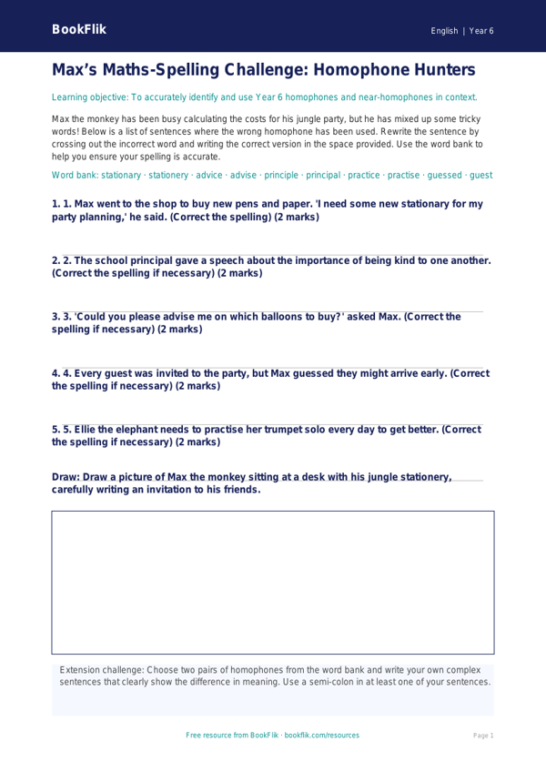 Free Spelling Activity Sheet | Year 6 Core | BookFlik worksheet preview — English Spelling