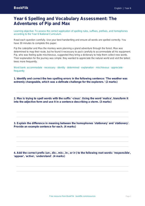 Free Spelling Assessment | Year 6 Core | BookFlik worksheet preview — English Spelling
