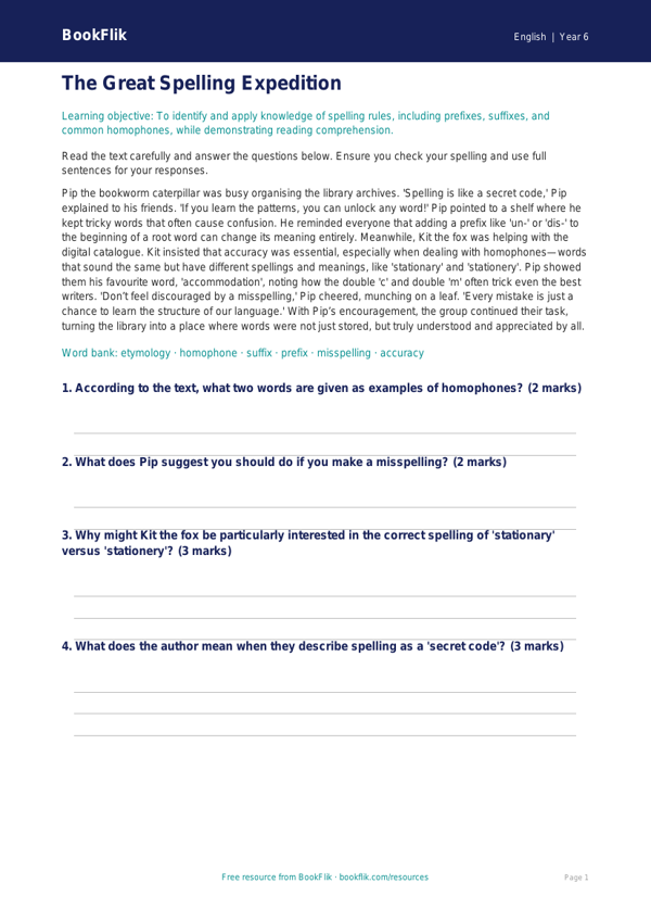 Free Spelling Comprehension Worksheet | Year 6 Core | BookFlik worksheet preview — English Spelling