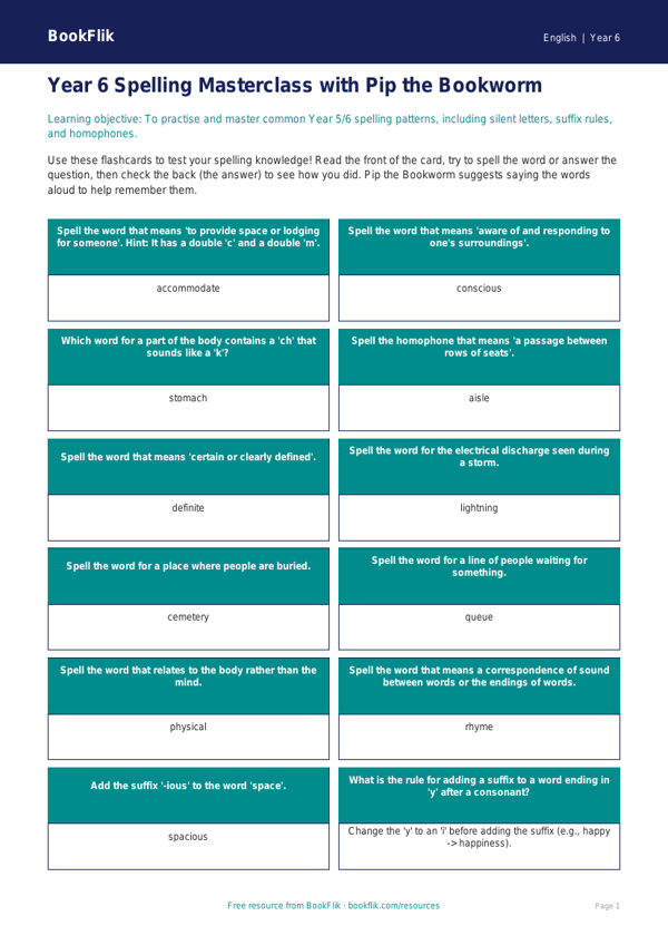 Free Spelling Flashcards | Year 6 Core | BookFlik worksheet preview — English Spelling