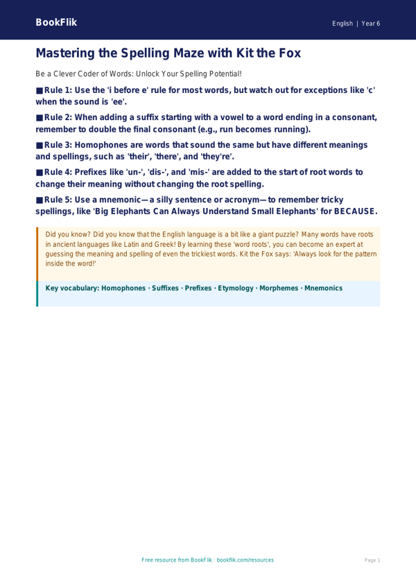 Free Spelling Poster | Year 6 Core | BookFlik worksheet preview — English Spelling