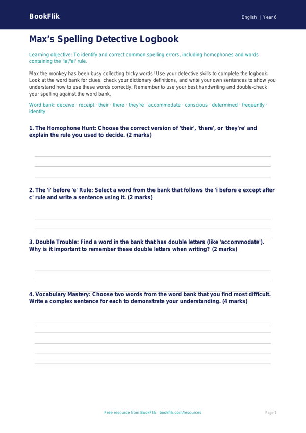 Free Spelling Template | Year 6 Core | BookFlik worksheet preview — English Spelling