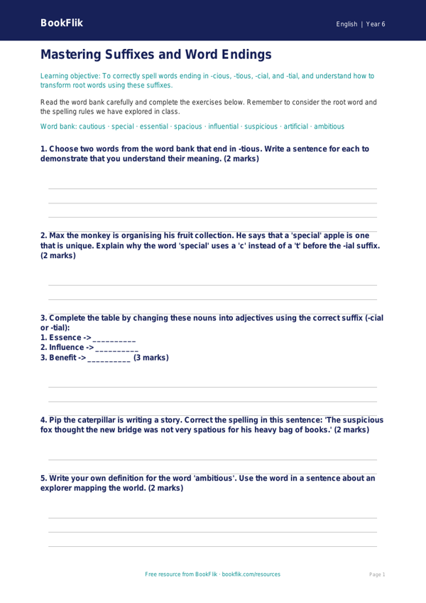 Free Spelling Worksheet | Year 6 Core | BookFlik worksheet preview — English Spelling
