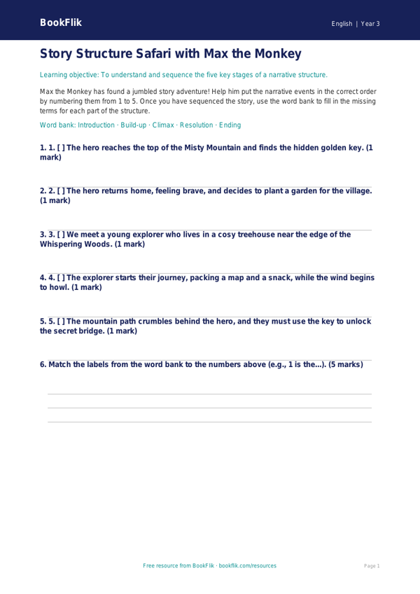 Free Stories Activity Sheet | Year 3 Core | BookFlik worksheet preview — English Stories