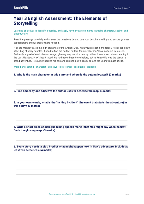 Free Stories Assessment | Year 3 Core | BookFlik worksheet preview — English Stories