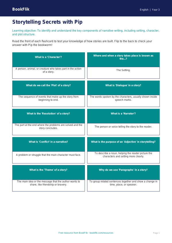 Free Stories Flashcards | Year 3 Core | BookFlik worksheet preview — English Stories