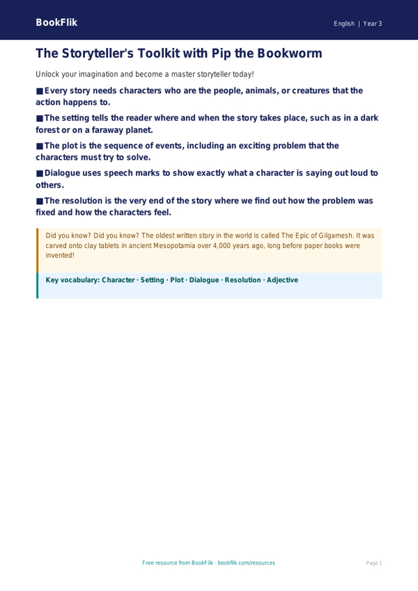Free Stories Poster | Year 3 Core | BookFlik worksheet preview — English Stories