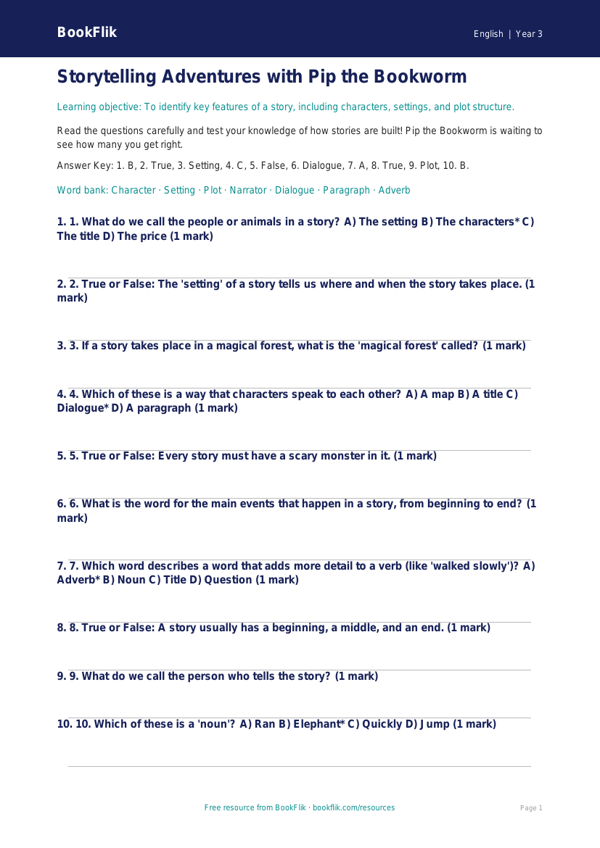 Free Stories Quiz | Year 3 Core | BookFlik worksheet preview — English Stories