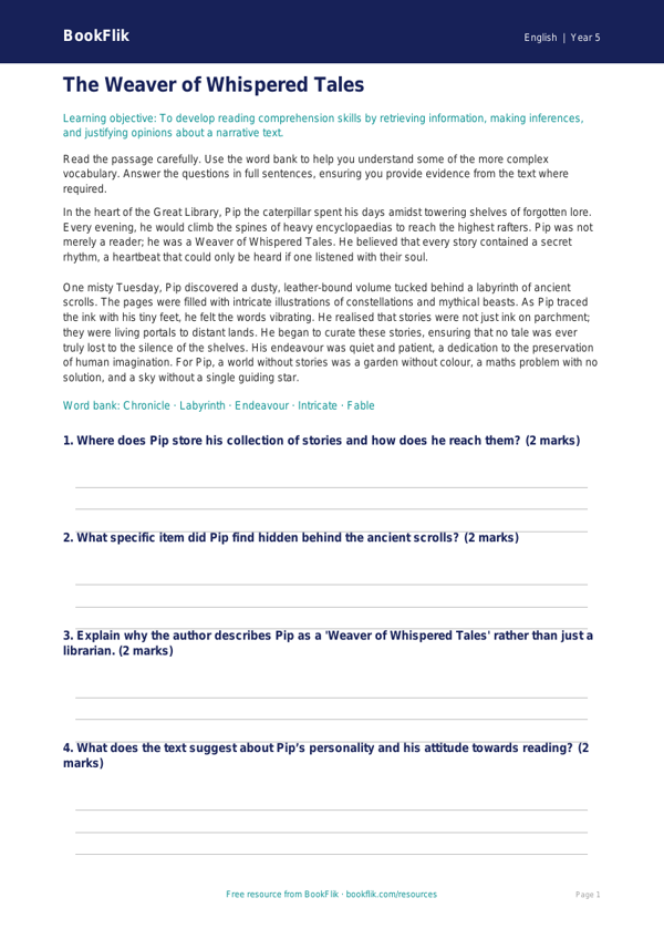 Free Stories Comprehension | Year 5 Greater Depth | BookFlik worksheet preview — English Stories