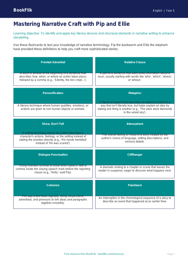 Free Stories Flashcards | Year 5 Greater Depth | BookFlik worksheet preview — English Stories