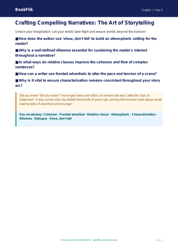 Free Stories Poster | Year 5 Greater Depth | BookFlik worksheet preview — English Stories