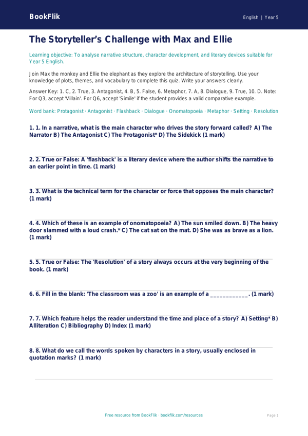 Free Stories Quiz | Year 5 Greater Depth | BookFlik worksheet preview — English Stories