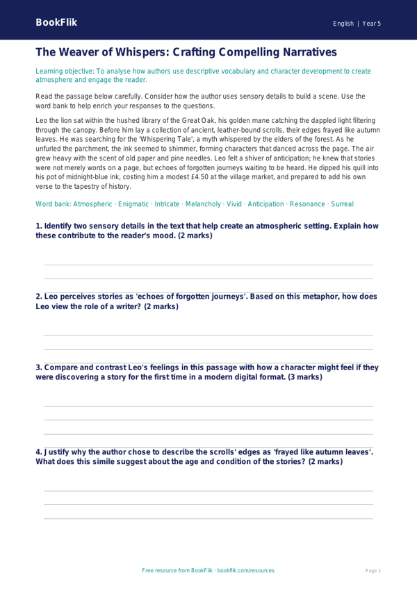 Free Stories Track Sheet | Year 5 Greater Depth | BookFlik worksheet preview — English Stories